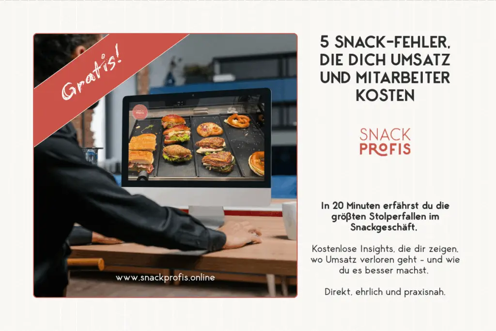 Snacks erfolgreich verkaufen? Unser kostenloses Webinar verrät die 5 wichtigsten Fehler, die dein Umsatz und deine Nerven schonen – ehrlich, direkt, umsetzbar. Jetzt dabei sein!