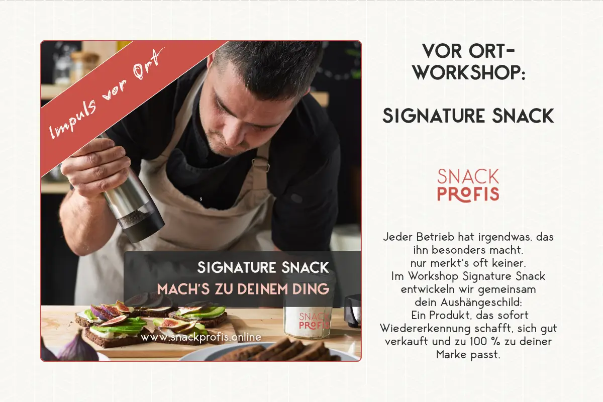 Signature Snack von SNACKPROFIS: Entwickle mit uns dein einzigartiges Snackprodukt. Markenidentität, Sortimentsstrategie & Verkaufsstärke in einem Workshop.