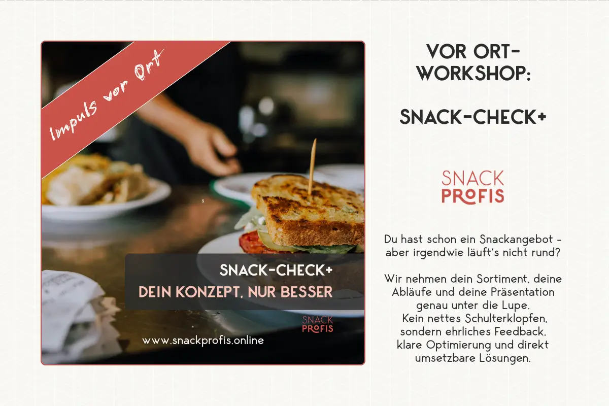 Snack-Check+ von SNACKPROFIS: Der Vor-Ort-Workshop für Bäckerei, Tankstelle & Gastro. Sortimentsanalyse, Thekenoptimierung & klare Handlungsempfehlungen – ehrlich & praxisnah.