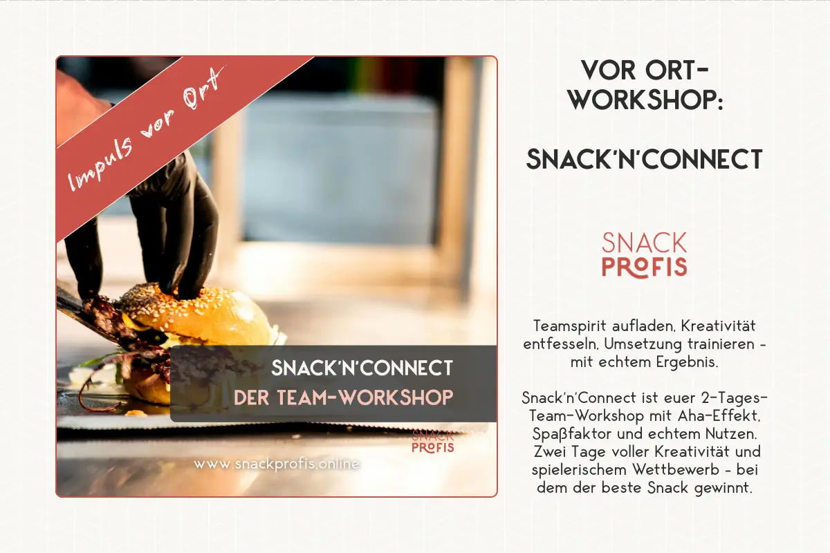 Snack’n’Connect ist euer 2-Tages-Team-Workshop mit Aha-Effekt, Spaßfaktor und echtem Nutzen. Zwei Tage voller Energie, Kreativität und spielerischem Wettbewerb – bei dem der beste Snack gewinnt.